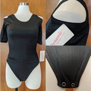 Totally 80s Vintage 1980s Black satiny Lycra Spandex cold shoulder leotard